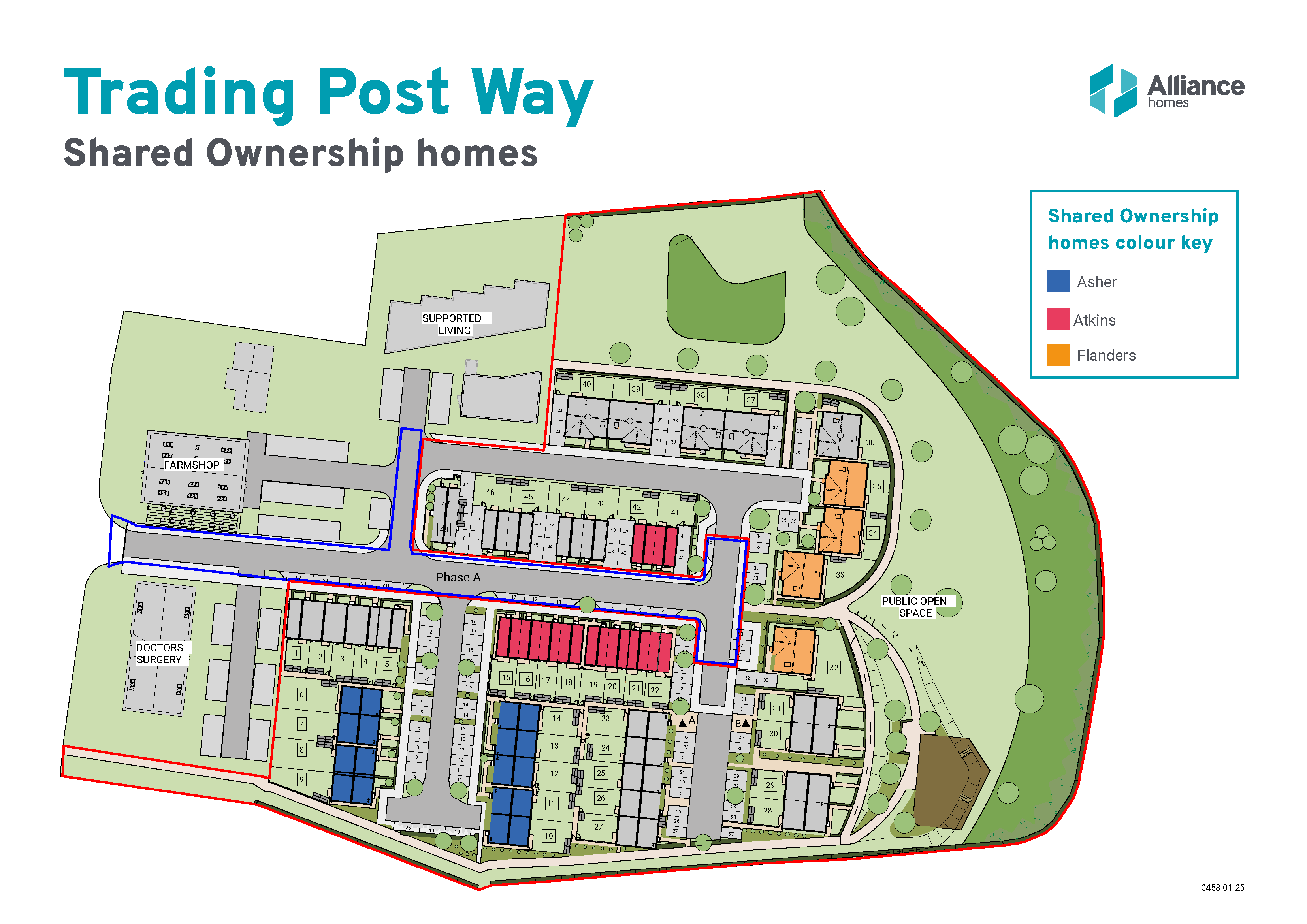 Map of Trading Post Way with location and type of Shared Ownership homes